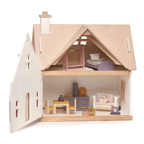 Drewniany dwupiętrowy domek dla lalek z wyposażeniem, Tender Leaf Toys 2