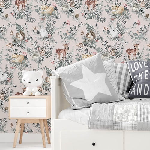 Tapeta dziecięca Woodland Pink różowa w brytach zwierzątka 4