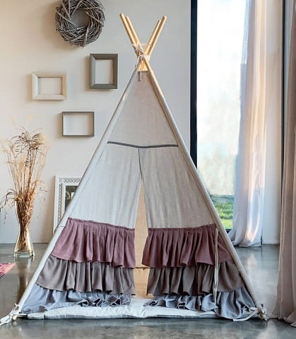 Namiot tipi z falbankami i matą podłogową - Lniany zakątek