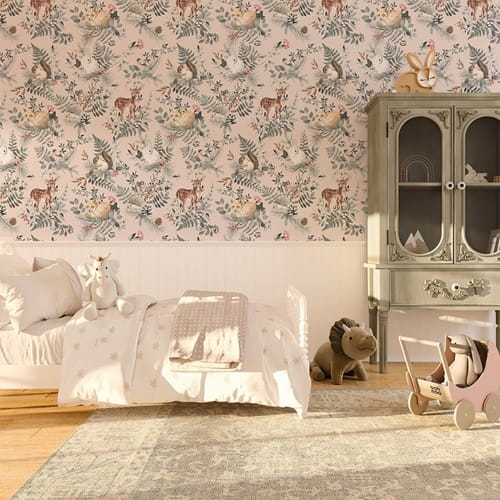 Tapeta dziecięca Woodland Pink różowa w brytach zwierzątka 5