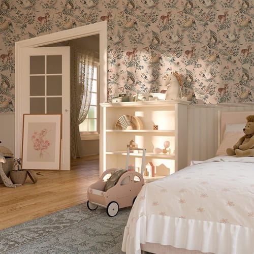 Tapeta dziecięca Woodland Pink różowa w brytach zwierzątka 6