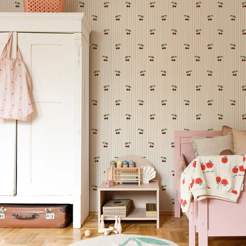 Tapeta dziecięca beżowe paski wiśnie Little Cherries on Beige Stripes