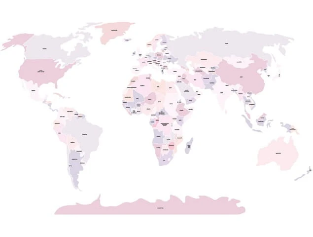 Naklejka na ścianę - mapa świata polityczna różowa 4